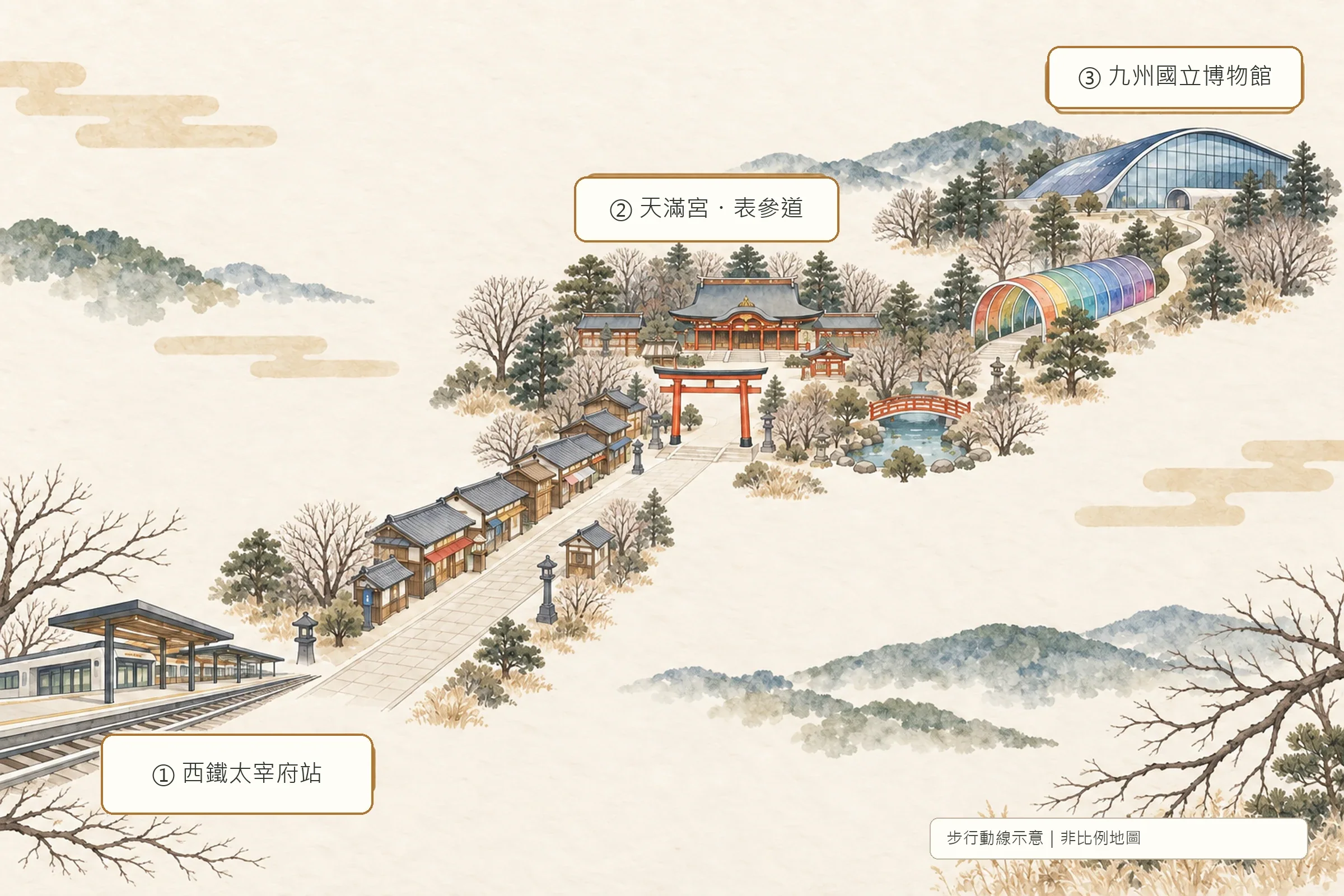 西鐵太宰府站沿表參道、天滿宮步行至九州國立博物館的非比例示意圖