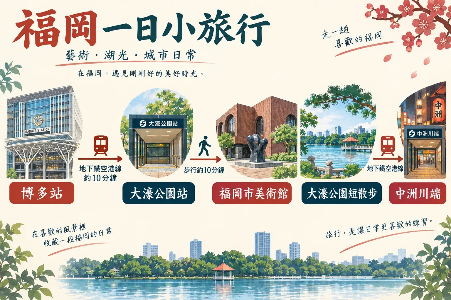 福岡一日遊程路線順序示意插畫：博多站、大濠公園站、美術館、大濠公園湖岸與中洲川端；非比例地圖