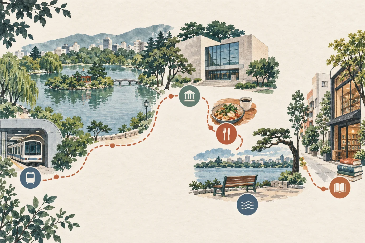 以地鐵、美術館、大濠公園湖畔與大名書店住宿串起的一日路線示意圖