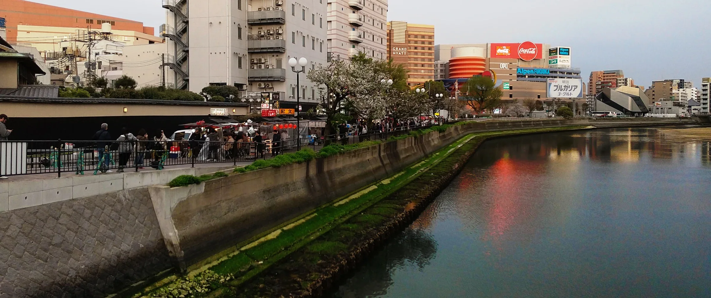 福岡清流公園沿著那珂川設置的屋台，黃昏時段攤位開始亮燈