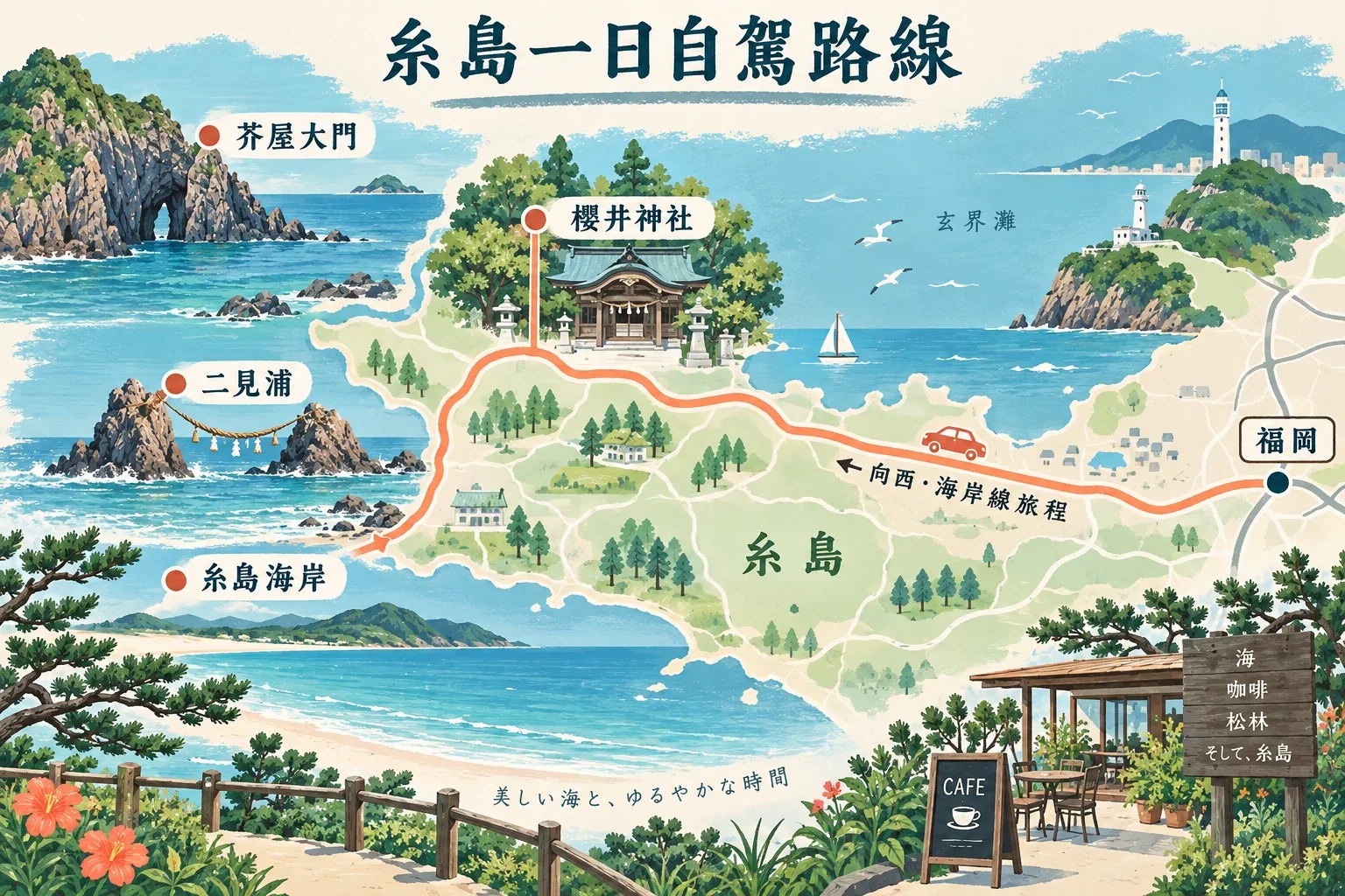 糸島二見浦、櫻井神社、芥屋與西側海岸的路線示意圖