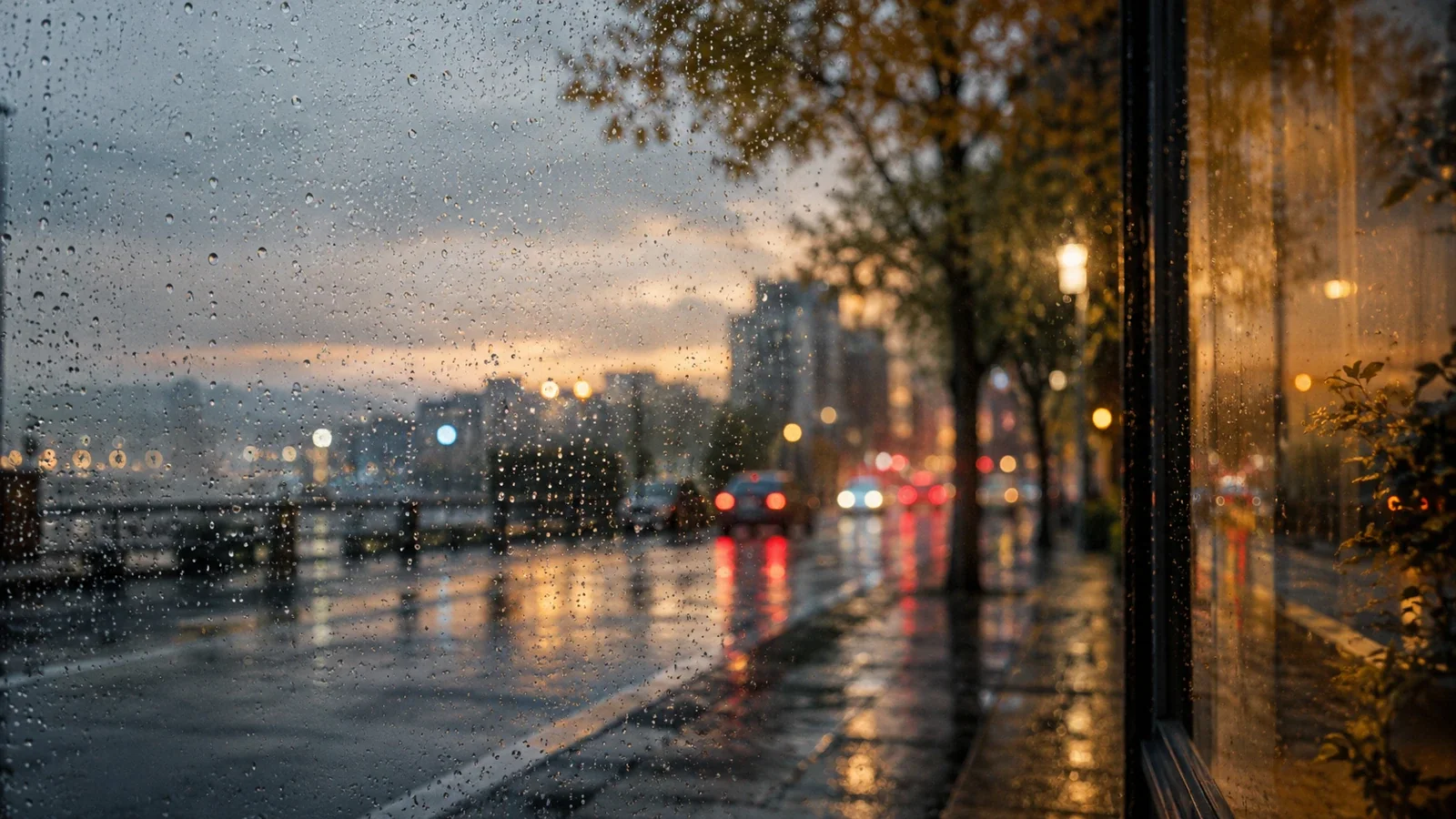雨窗外的街道映着紅、橙、藍色燈光；概念圖，並非鹿兒島實景或展覽作品