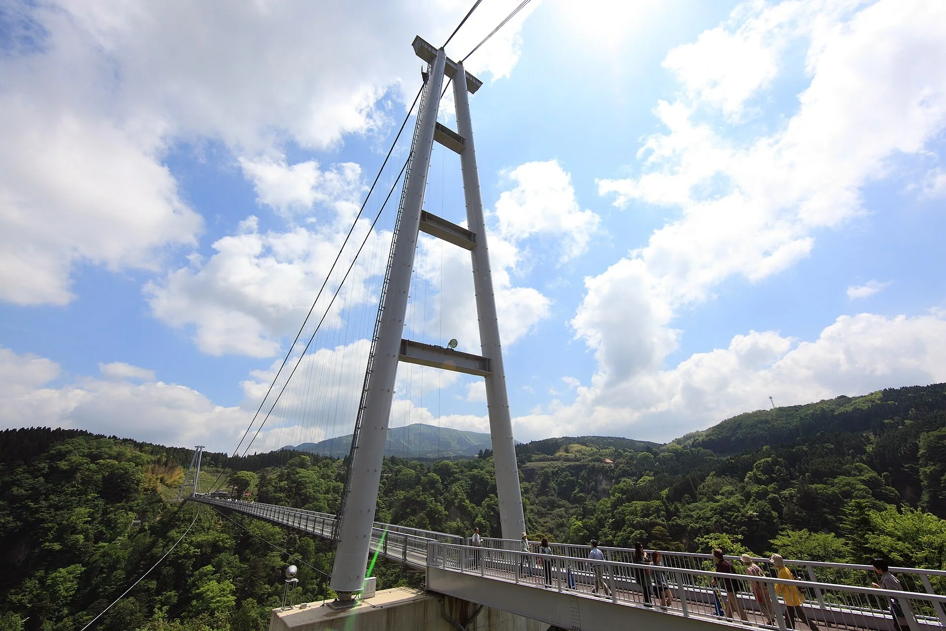 從橋側仰望九重夢大吊橋白色主塔，橋面和九重山谷在下方延伸