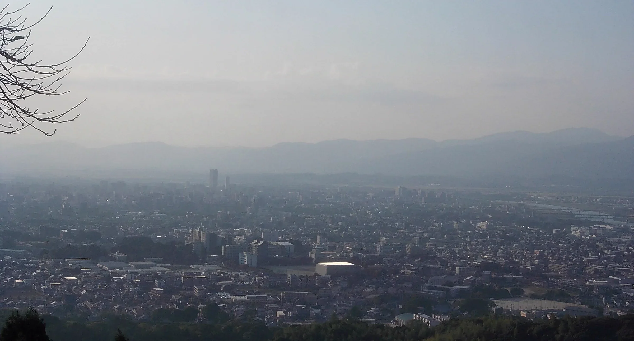 從高良大社方向俯瞰久留米市街與筑後平原，遠處接著耳納連山