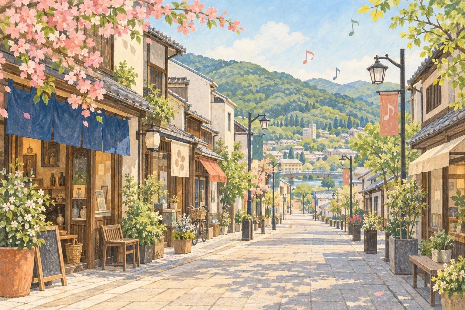 春日日本地方城市街道與飄散音符的概念插畫，並非久留米實景或2027音樂祭現場