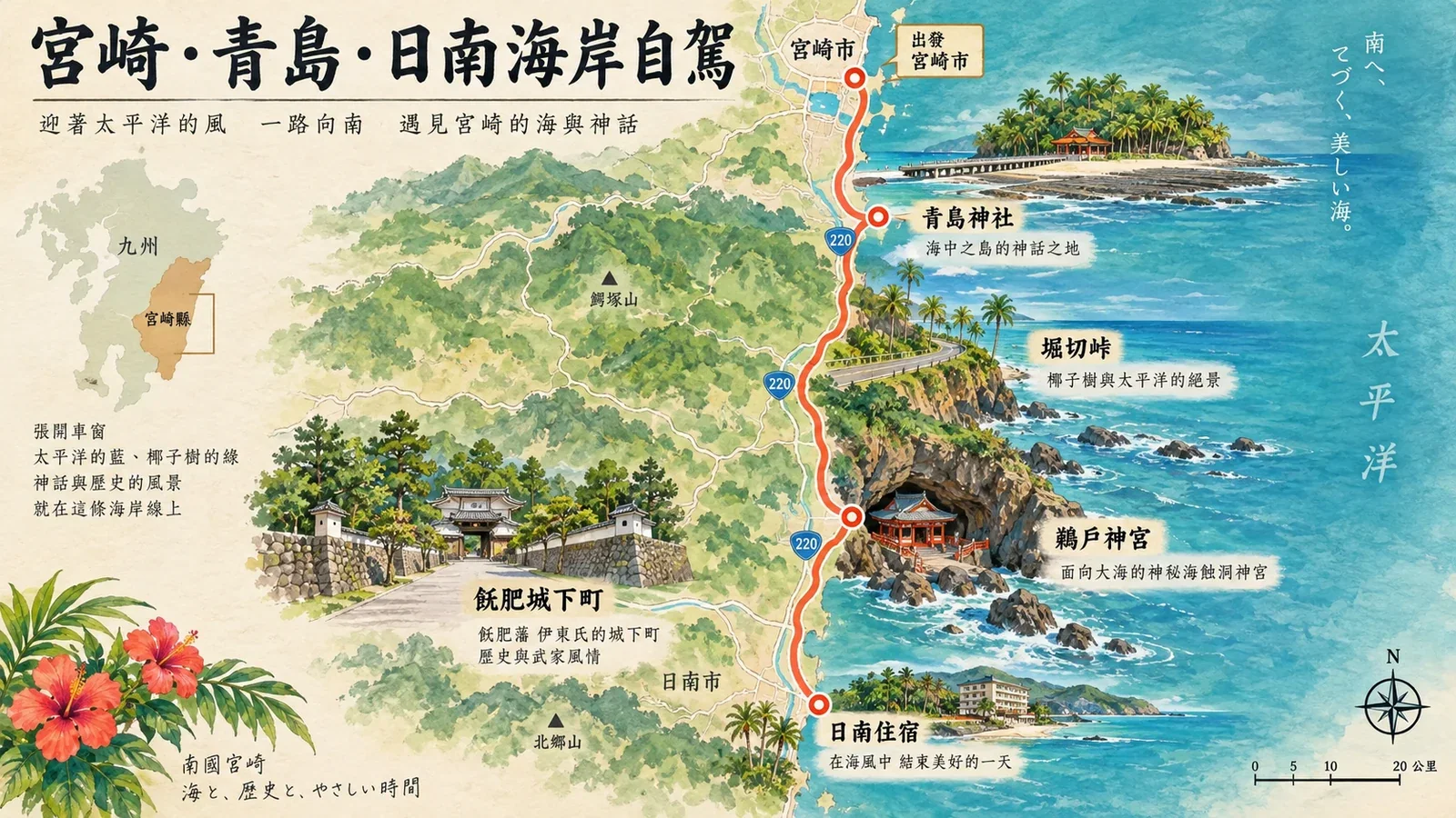 宮崎機場、青島、堀切峠、鵜戶神宮與飫肥的路線示意圖