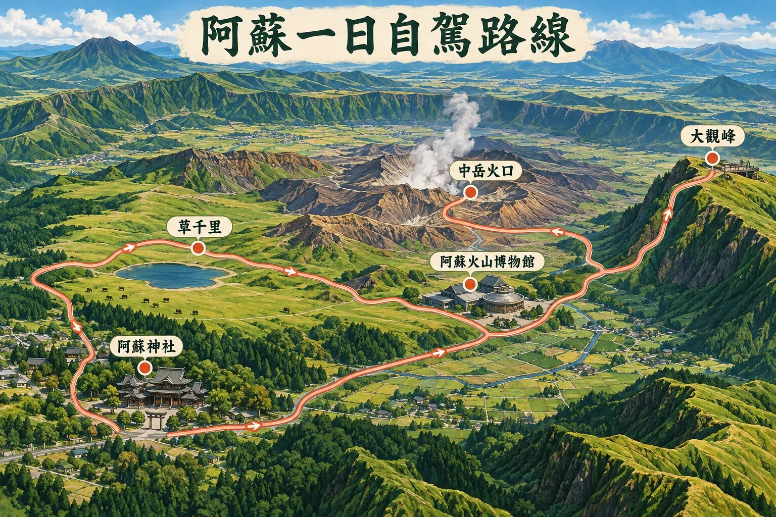 阿蘇一日自駕路線示意圖:阿蘇神社、草千里、火山博物館、中岳周邊與大觀峰的區域關係