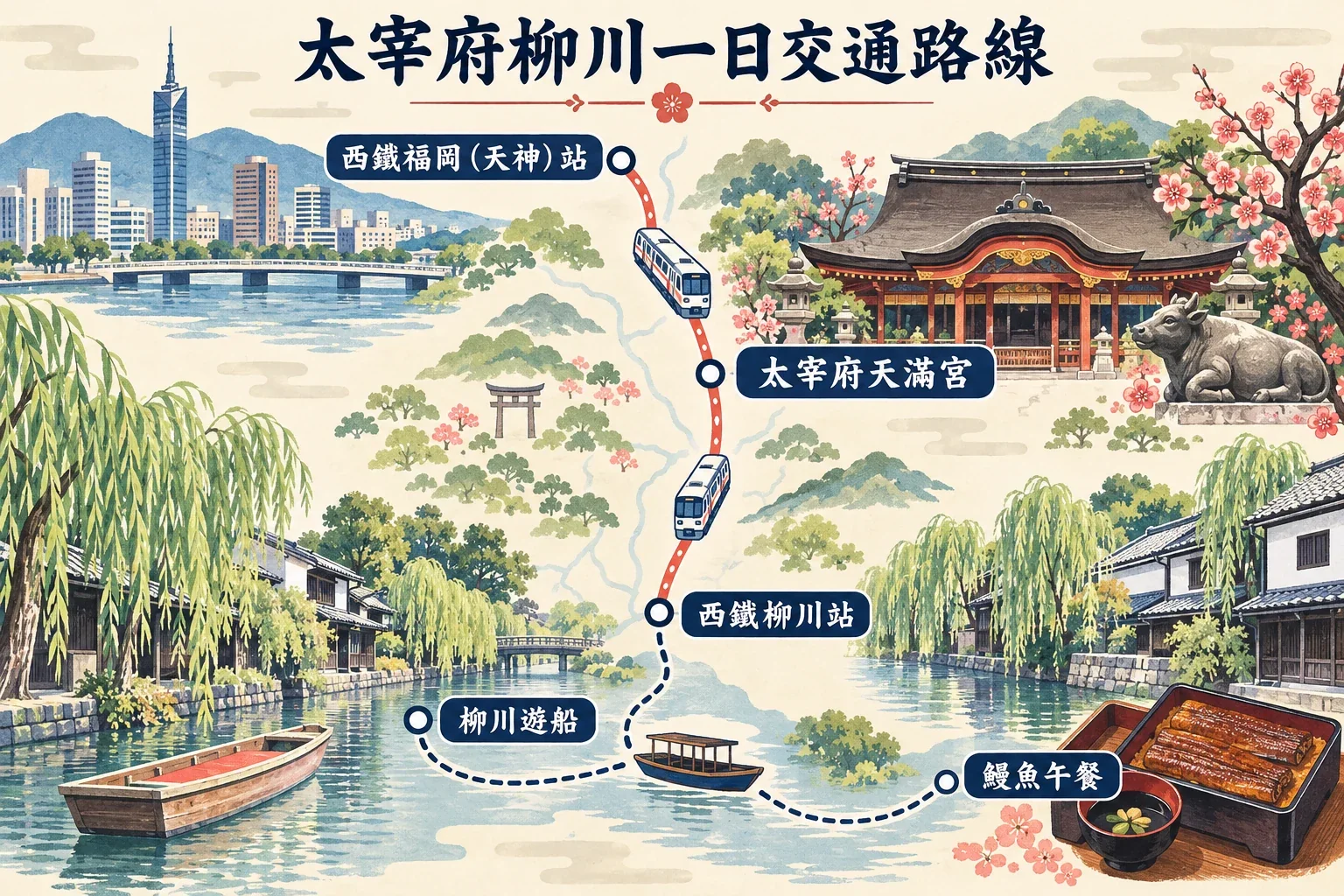 太宰府與柳川一日遊交通示意圖:天神出發,先參拜太宰府,再乘車往柳川搭船和吃鰻魚
