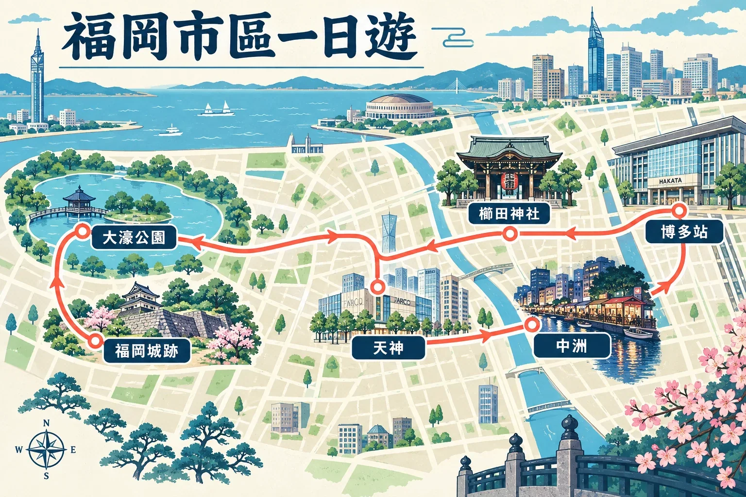 福岡市一日遊路線圖:博多舊市街、櫛田神社、大濠公園、福岡城跡、天神與中洲