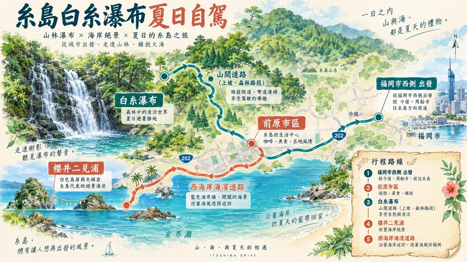 糸島白糸瀑布夏季自駕路線示意圖:山區瀑布、森林彎道與海岸回程支線