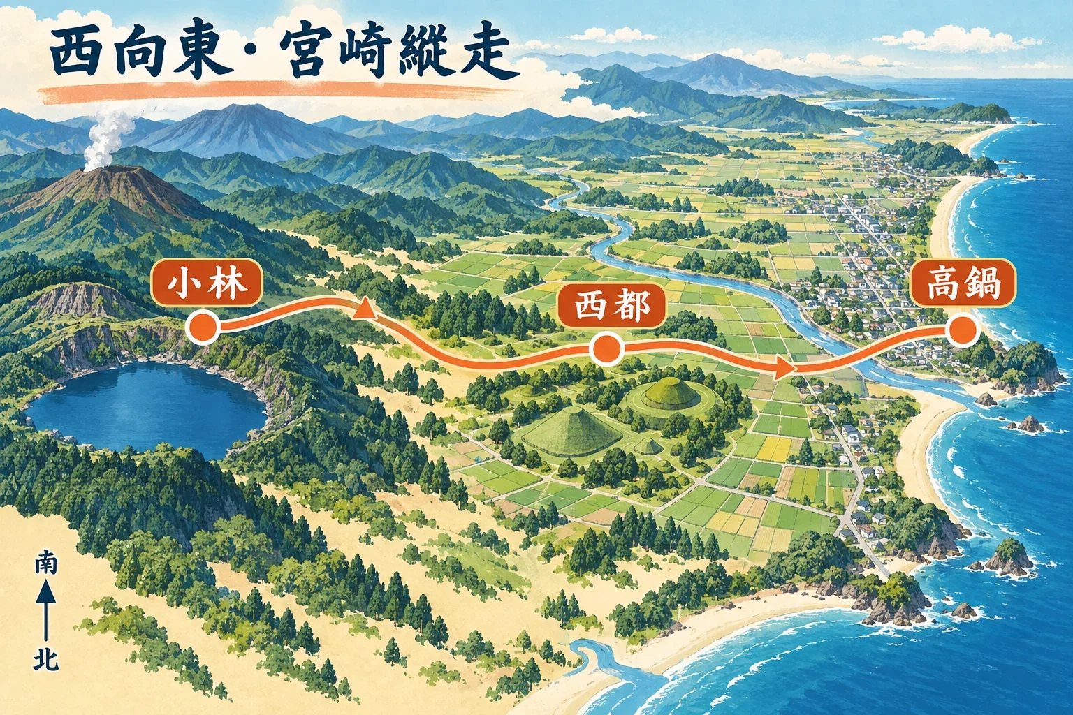 小林、西都與高鍋自駕路線示意圖:火山湖、古墳丘陵與宮崎東岸田園海景