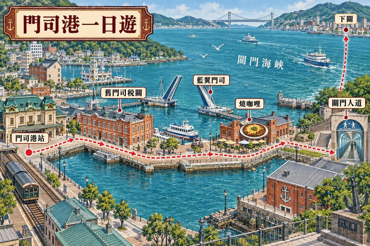 門司港懷舊區一日散策路線示意圖:車站、紅磚海關、港灣步道與關門海峽沿岸建築