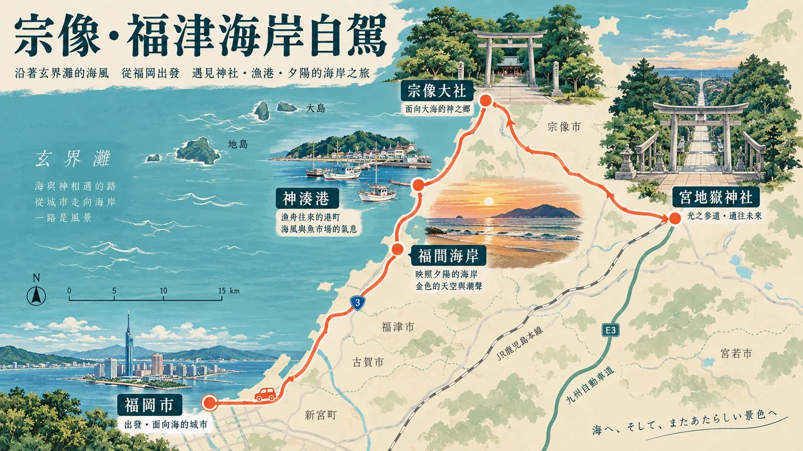 宗像與福津海岸自駕路線示意圖:宗像大社、海岸景點與宮地嶽神社方向
