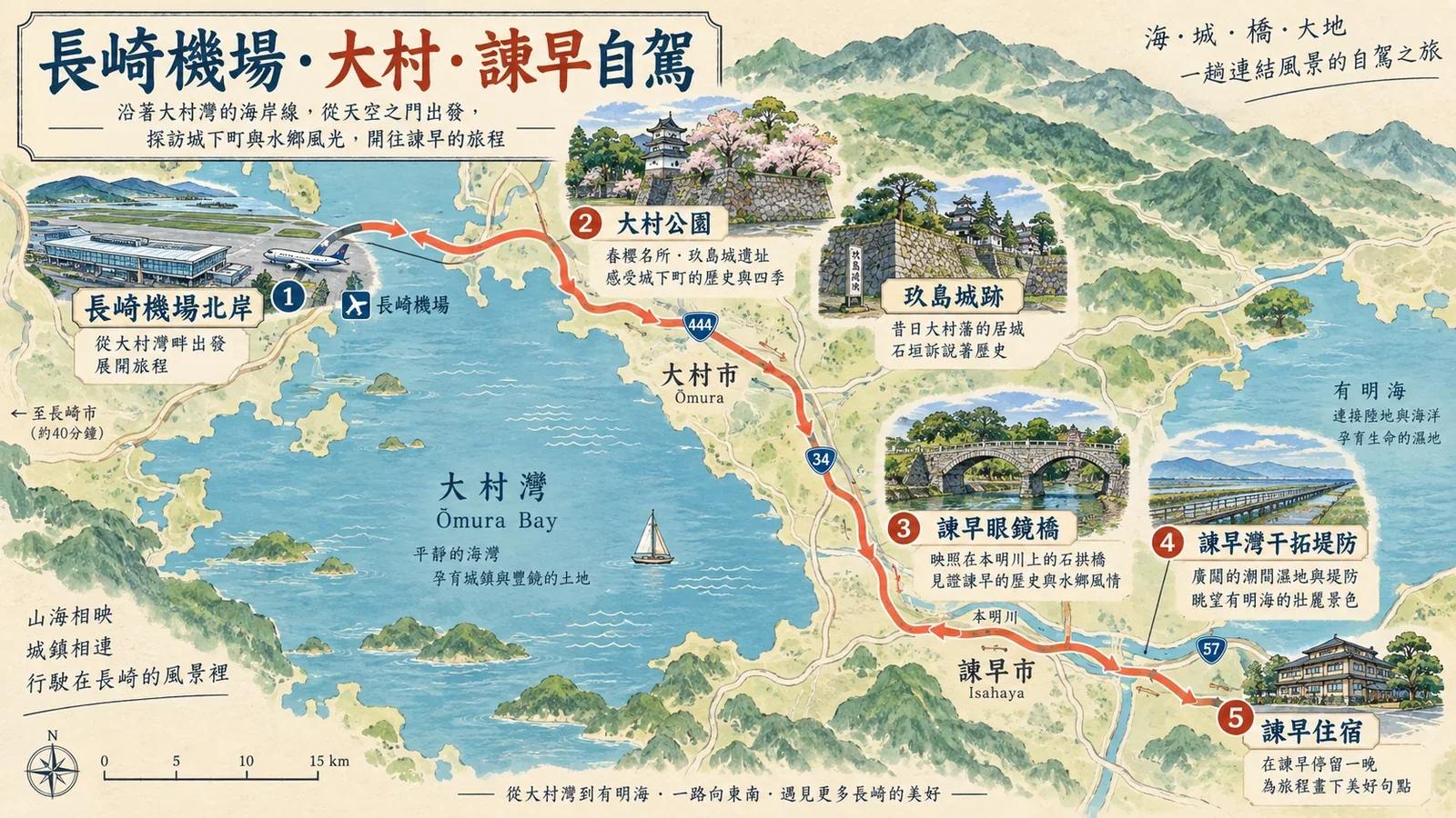 長崎機場、大村與諫早自駕路線示意圖:大村灣機場海岸、城下町與諫早眼鏡橋濕地