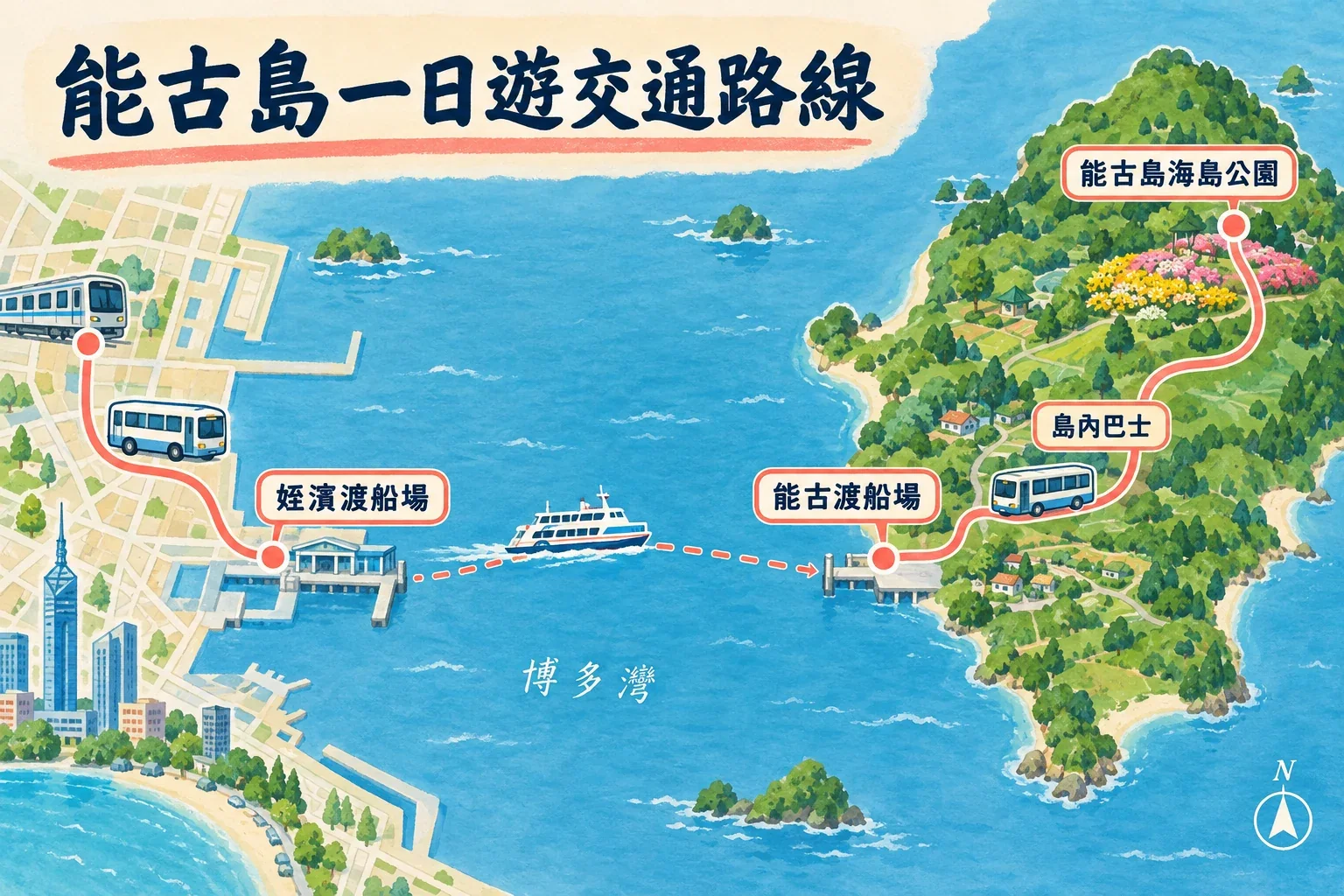 能古島一日遊路線圖:姪濱乘船、渡船口轉接巴士、能古島海島公園與回程船班