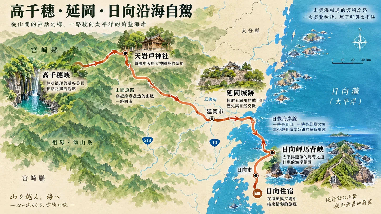 高千穗、延岡與日向自駕路線圖:山區一路南下至延岡,再沿海岸往日向