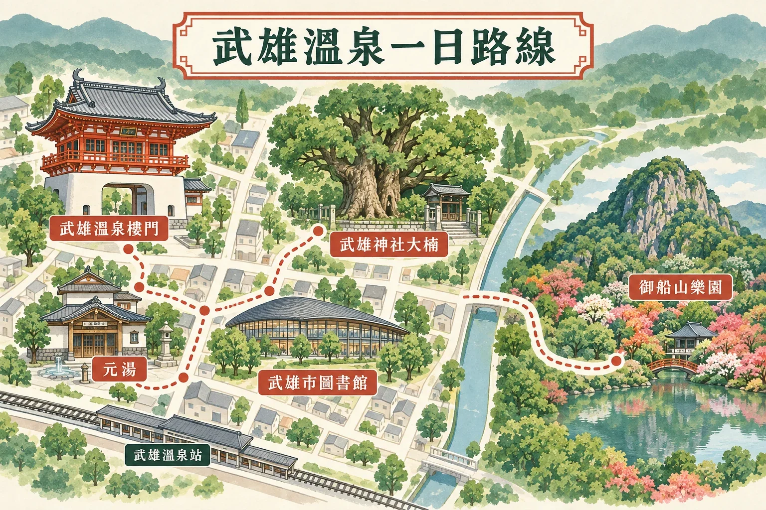 武雄溫泉一日遊路線圖:樓門、元湯、圖書館、武雄神社大楠與御船山樂園