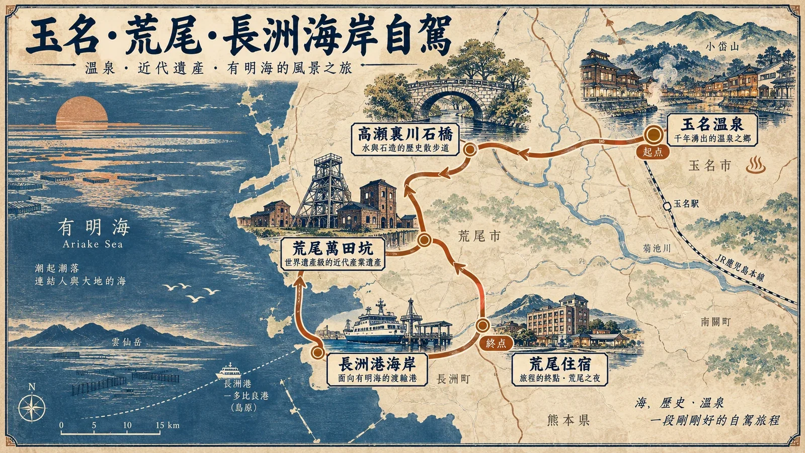 玉名、荒尾與長洲自駕路線示意圖:溫泉街、三池港灣與海岸渡輪區的北部熊本動線
