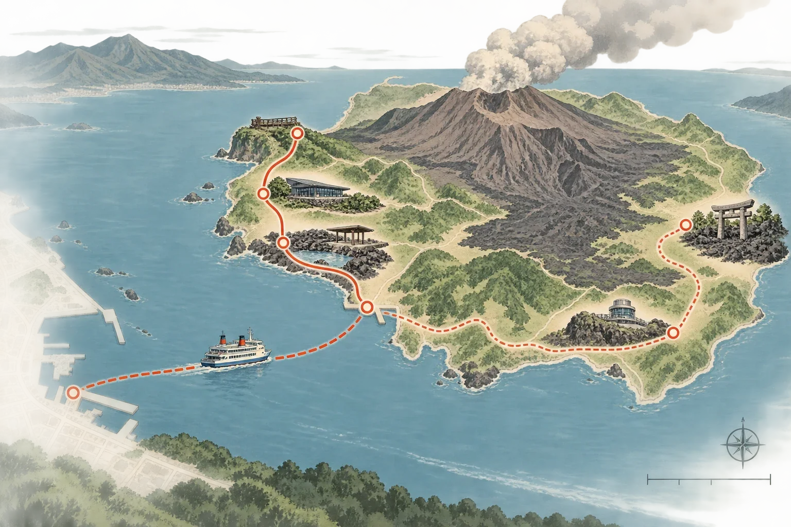櫻島港、湯之平、黑神與有村的半日及環島路線示意圖